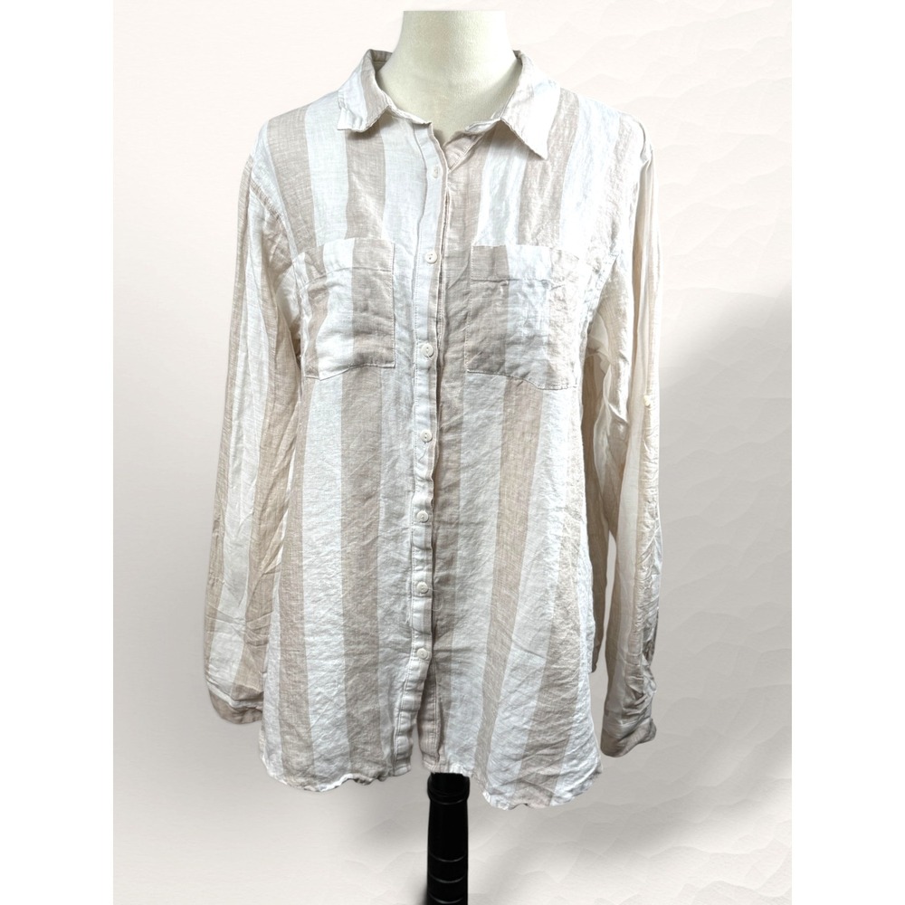 LUCCA Linen Button Up Shirt‎ Women Large Tan Striped Coastal Minimalist